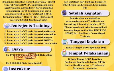 IKUTILAH : Pelatihan “TRAINING HACCP ” FPIK Undip 9-10 September 2023